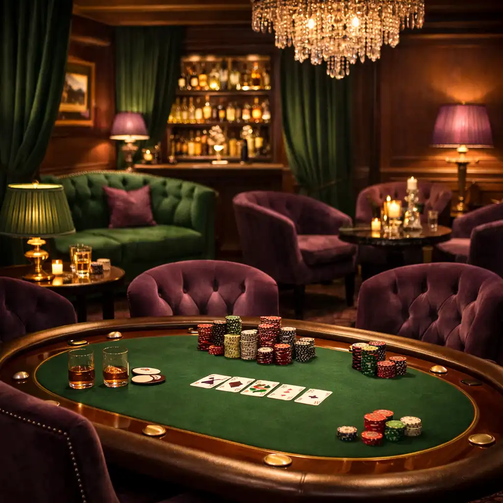 A kaszinó lounge részlete, pókerasztallal és elegáns bútorokkal