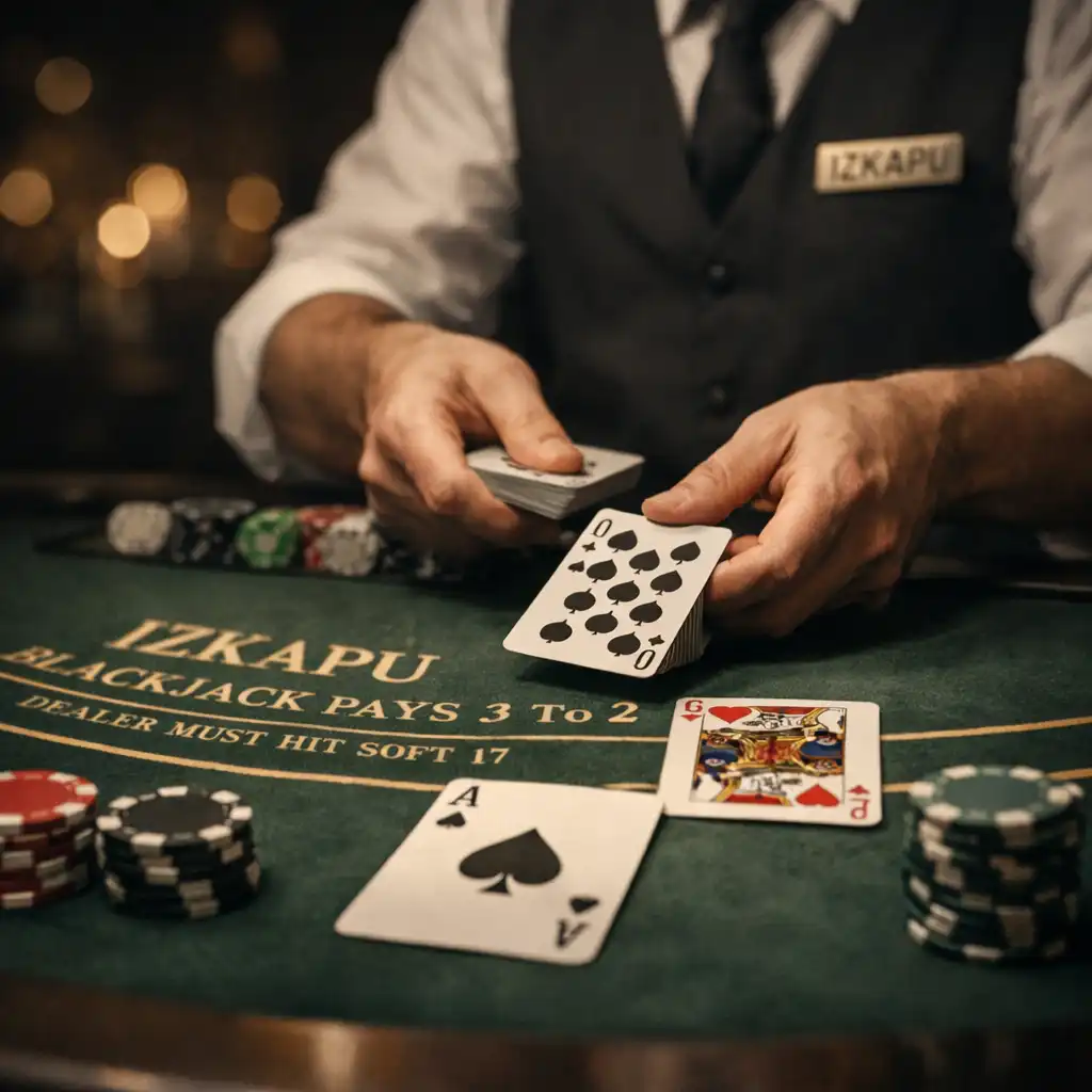 Blackjack asztal alacsony szögből, kártyákkal és zsetonokkal, elegáns háttérrel