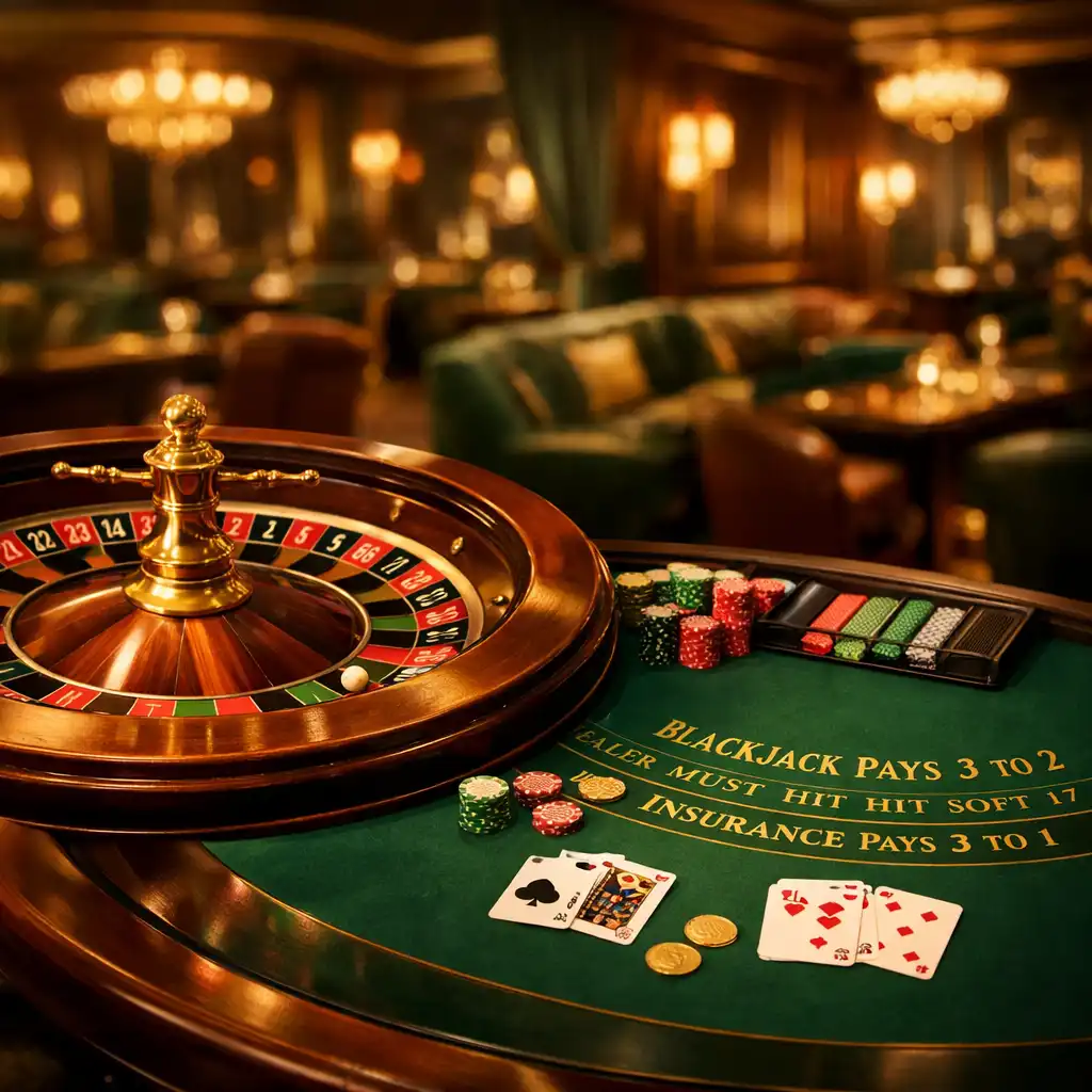 Rulettkerék és blackjack asztal egy elegáns kaszinó lounge-ban
